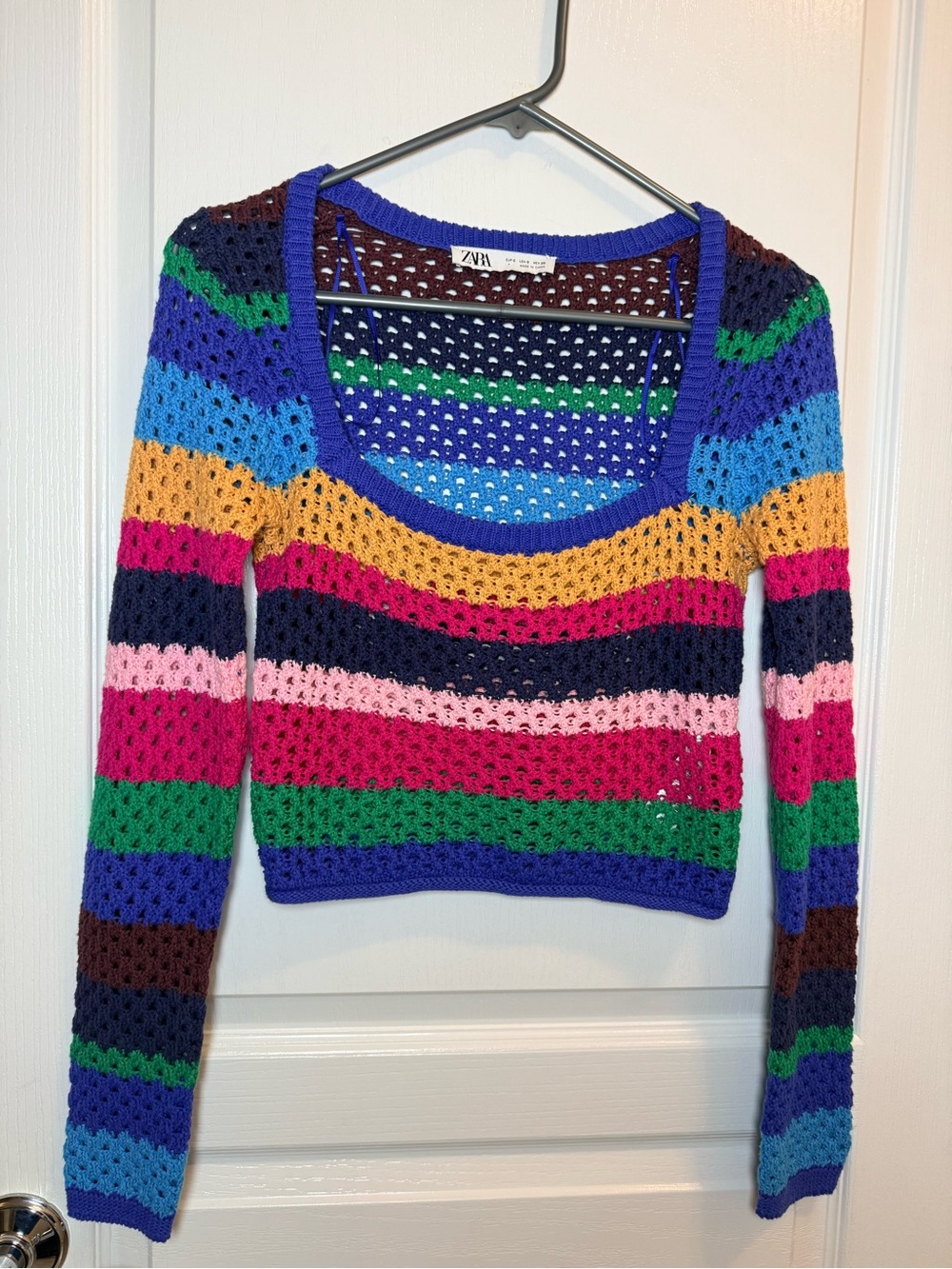 ZARA Multicolor Crochet Scoop Neck cropped Sweater small